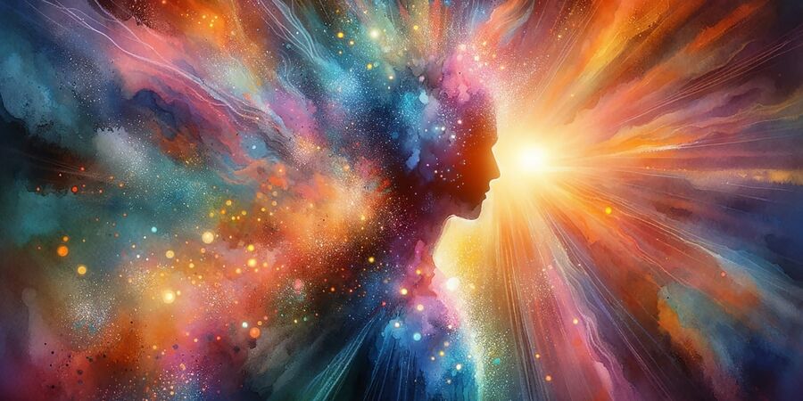 in sich gekehrter Mensch umgeben von bunten Farben und Energien