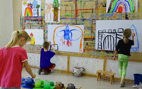 So sieht es beim Ausdrucksmalen für Kinder im Atelier Klang und Farbe aus. Kinder malen große Bilder an der Malwand. Im Vordergrund ist die Malorgel zu sehen.