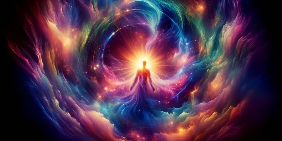 kraftvoller Mensch umgeben von bunten Farben und machtvollen Energien